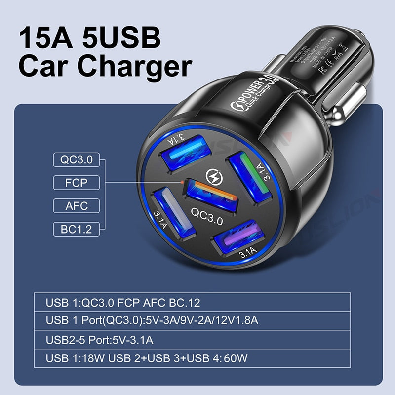 USLION 15A 5 Ports USB Car Charge Quick Mini LED Fast Charging For iPhone 12 Xiaomi Huawei Mobile Phone Charger Adapter in Car