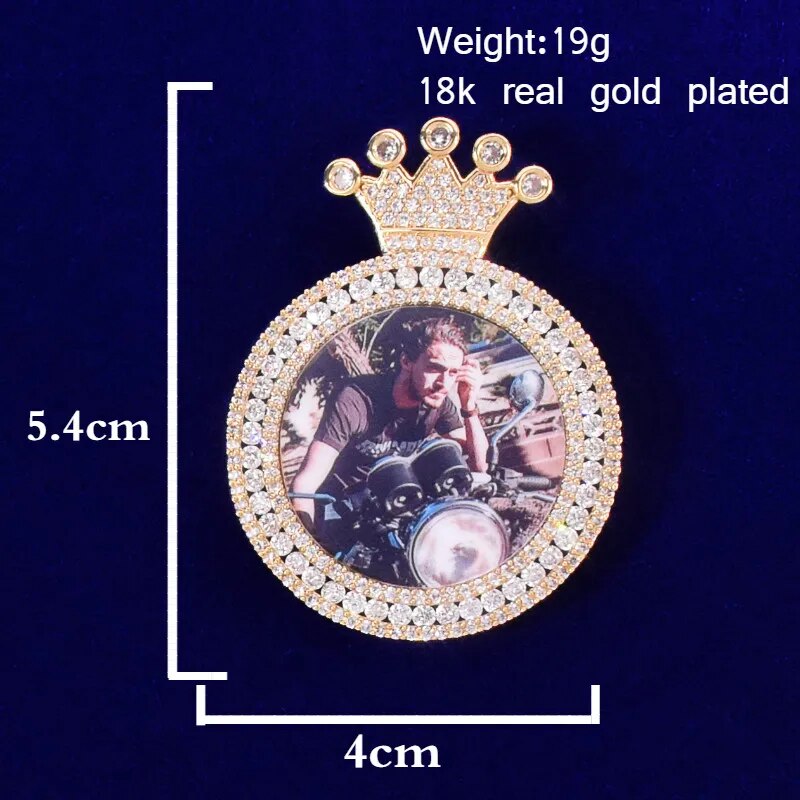 Bubble Letter Custom Photo Necklace for Men Picture Memory Crown Micro Pave Charms Gold Color Plated Hip Hop Rock Jewelry