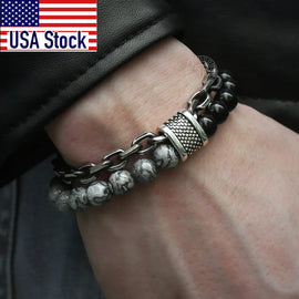 Trendsmax Natural Map Stone Men&#39;s Beaded Bracelet for women Stainless Steel Bracelets Male Jewelry Tiger eye 8 9 10 inch DB33