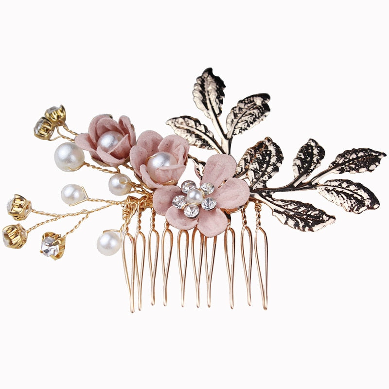 Bridal Wedding Hair Accessories Fashion Pearl Crystal Cloth Flower Hair Combs Headdress Gold Leaves Hair Jewelry Hair Pins