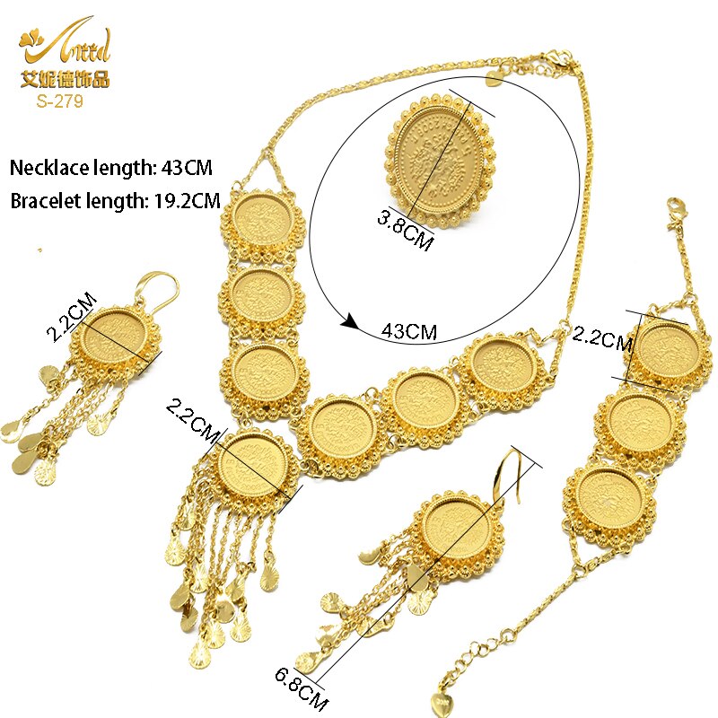 ANIID Dubai Gold Plated Coin Necklace Bracelet Jewelry Sets For Women African Ethiopian Bridal Wedding Luxury Jewellery Gifts