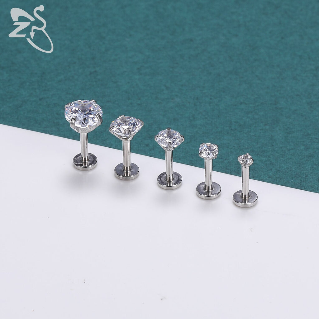 ZS 6 Pcs/Lot 16G Stainless Steel Labret Lip Piercing Set 3/4/5/6MM CZ Crystal Ear Cartilage Tragus Helix Conch Piercings Jewelry