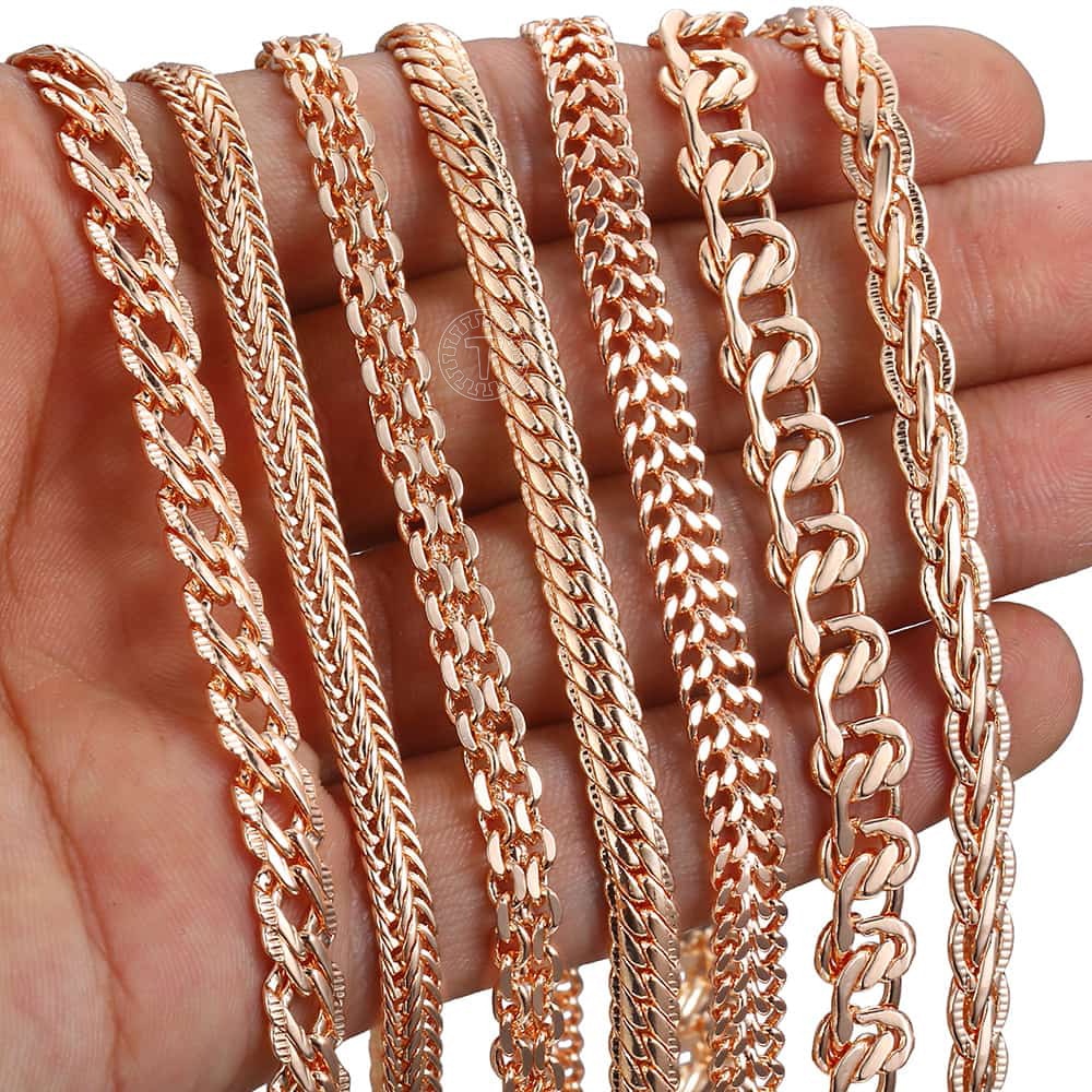 Davieslee Chain Necklace for Women Men 585 Rose Gold Color Necklace for Women Men Foxtail Hammered Bismark Chain 3-8mm DCNN1