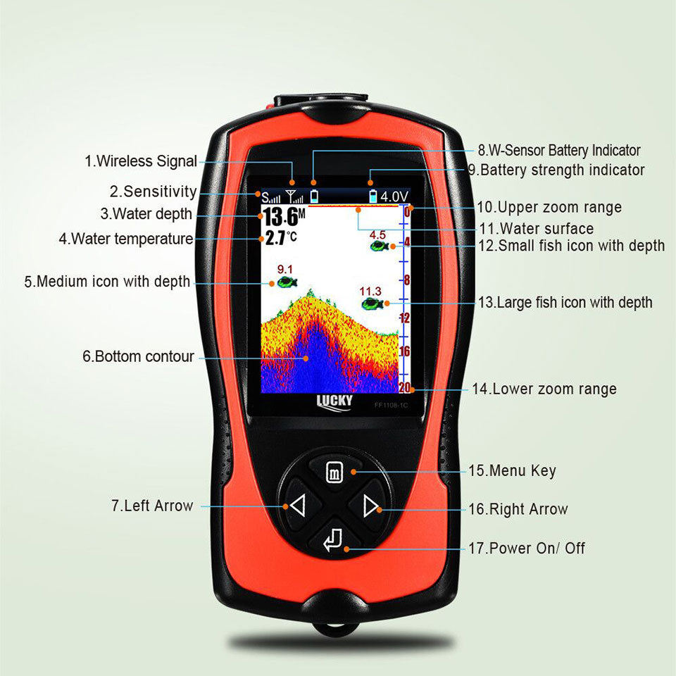 LUCKY Rechargeable Fish Finder FF1108-1CWLA Wireless Sonar Sensor Fishing Finder Color Display Max 45M Water Depth