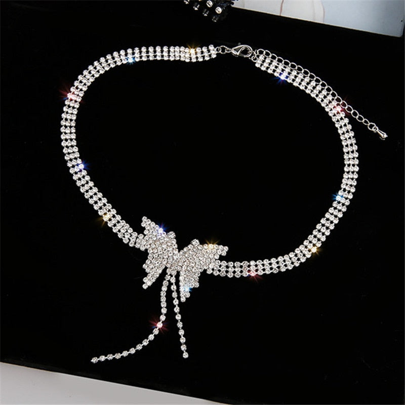 FYUAN Butterfly Crystal Choker Necklaces for Women Long Tassel Rhinestone Necklaces Weddings Jewelry Party Gifts