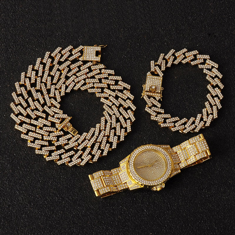 Hip Hop Necklace +Watch+Bracelet Bling Iced Out Miami Zircon Cuban Prong Pave Rhinestone Men Bracelet Necklace For Men Jewelry