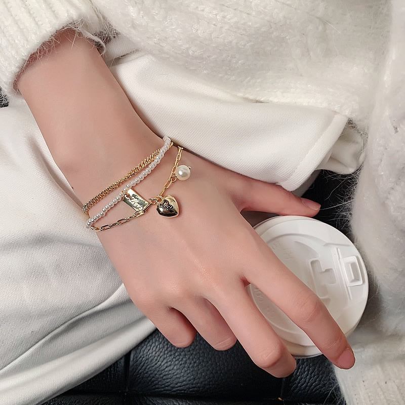 Super Value Multi Layer Pearl Heart Folded Bracelets Korean Fashion Jewelry Party Girl‘s Elegant Wrist Accessories For Woman