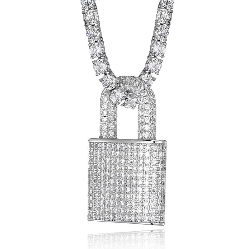 Hip Hop Bling Lock Iced Out Bling Cubic Zircon Necklace & Pendant For Men Jewelry Charm Tennis Chain