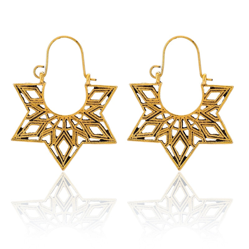 HuaTang Vintage Gold Silver Color Drop Earrings for Women Boho Geometric Carved Earrings Female Indian Ethnic Jewelry brincos