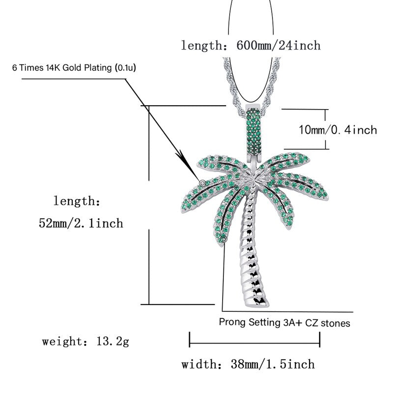 TOPGRILLZ Coconut Tree Iced Out Cubic Zircon Pendant&amp; Necklace Gold Silver Color Plated Hip Hop Men&#39;s Jewelry
