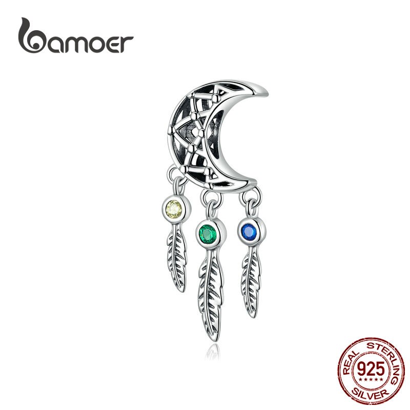 BAMOER 100% 925 Sterling Silver Openwork Moon and Star Goodnight Charm Beads fit Bracelet DIY Jewelry Valentine Day Gift SCC483