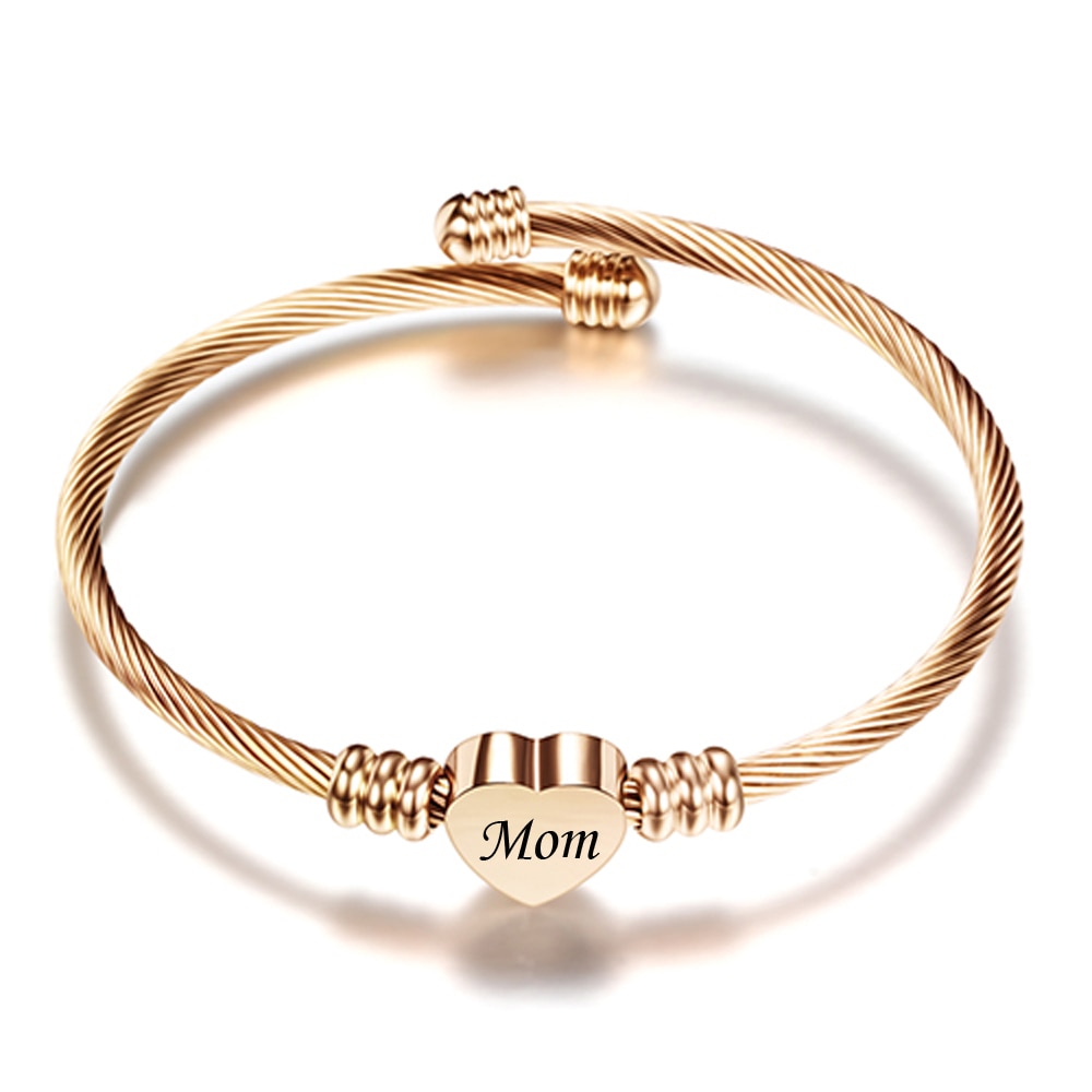 Customized Mom Gift - New Stainless Steel Heart Charm Cuff Bracelet - Perfect for Friends and Family