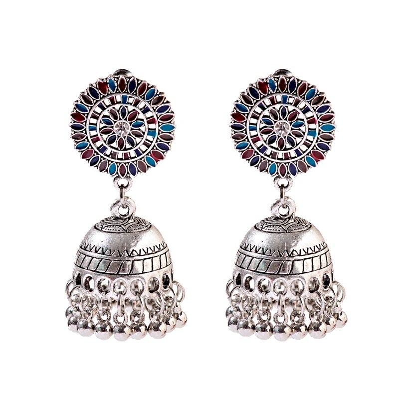 Ethnic Hollow Flower Turkish Jhumka Earrings For Women Vintage Indian Jewelry Silver Color Bell Tassel Dangling Earrings