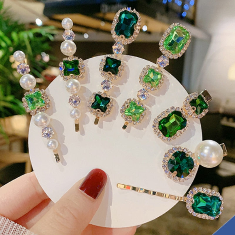 Women Hair Clips Set Jewelry Fashion Green Crystal Hair Accessories Luxury Simulation Pearl Barrette Pin For Girl Gift Ornaments