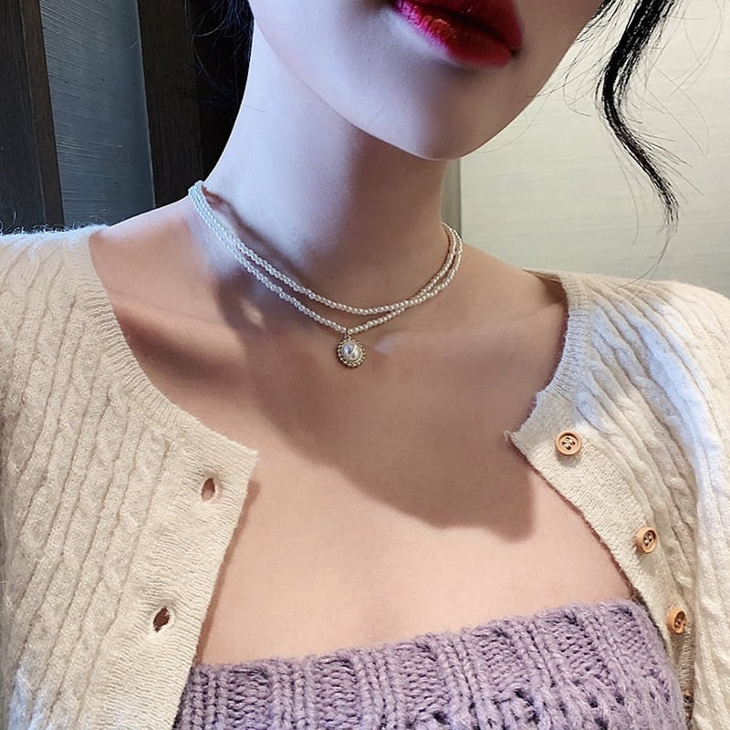 MENGJIQIAO 2020 New Elegant Simulated Pearl 2 Layer Choker Jewelry For Women Girls Party Wedding Chain Necklace Bijoux Colares