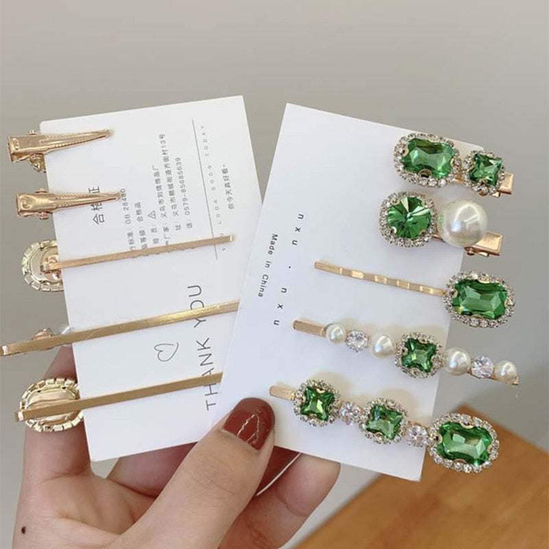 Women Hair Clips Set Jewelry Fashion Green Crystal Hair Accessories Luxury Simulation Pearl Barrette Pin For Girl Gift Ornaments