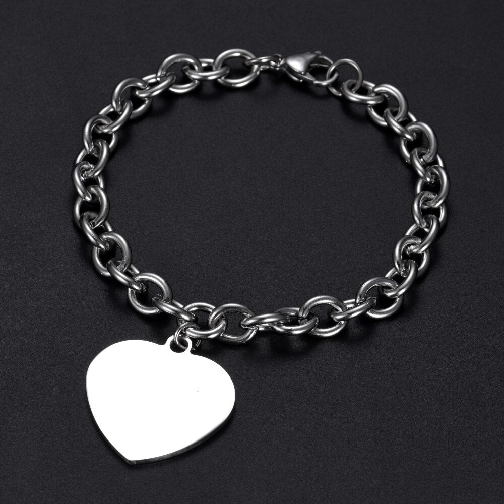 Customized Bracelet For Men Women Stainless Steel Heart Round Charm Trend Jewelry Engraving Photos Name Logo Bracelets Gift