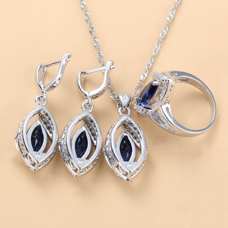 925 Mark Wedding Accessories Women Bridal Jewelry Sets With Natural Stone CZ Blue Bracelet And Ring Sets Free Gift Box