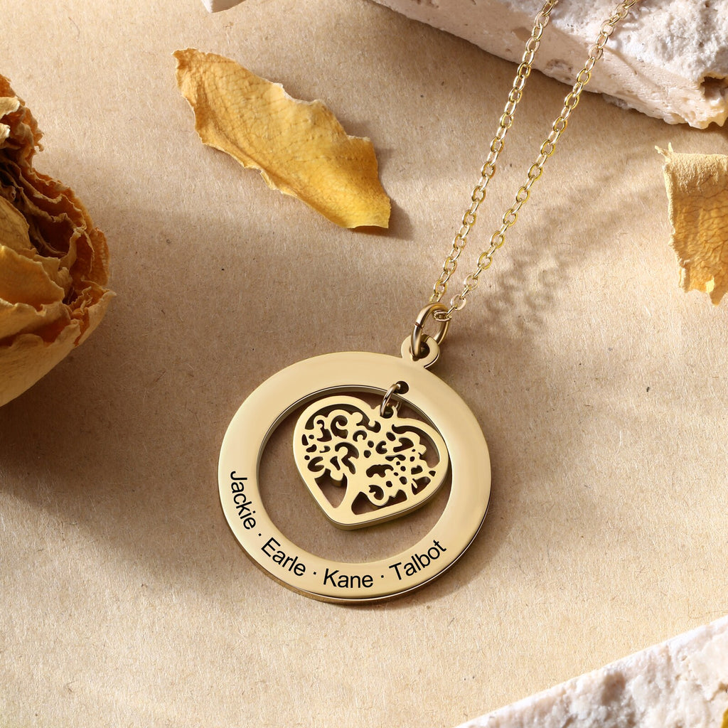 JewelOra Personalized Tree of Life Engrave Name Necklace Silver Color Round Customized Necklaces & Pendants Family Gifts