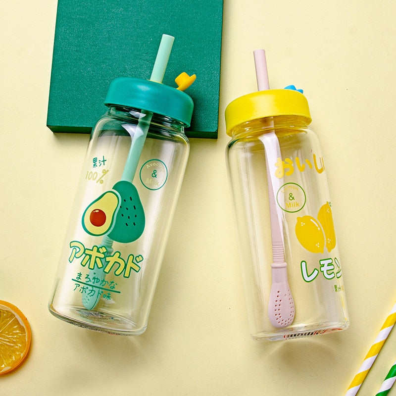 Water bottle cute fruit straw creative student couple transparent glass water cup cup with lid juice drink water cup gift office