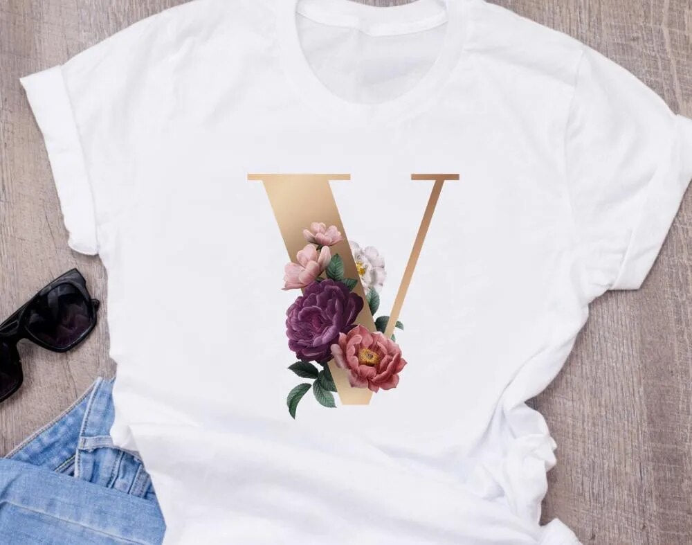 High-Quality Custom Personalized Name Letter (O) Combination T-Shirt for Women with Floral Alphabet Design in Short Sleeves.