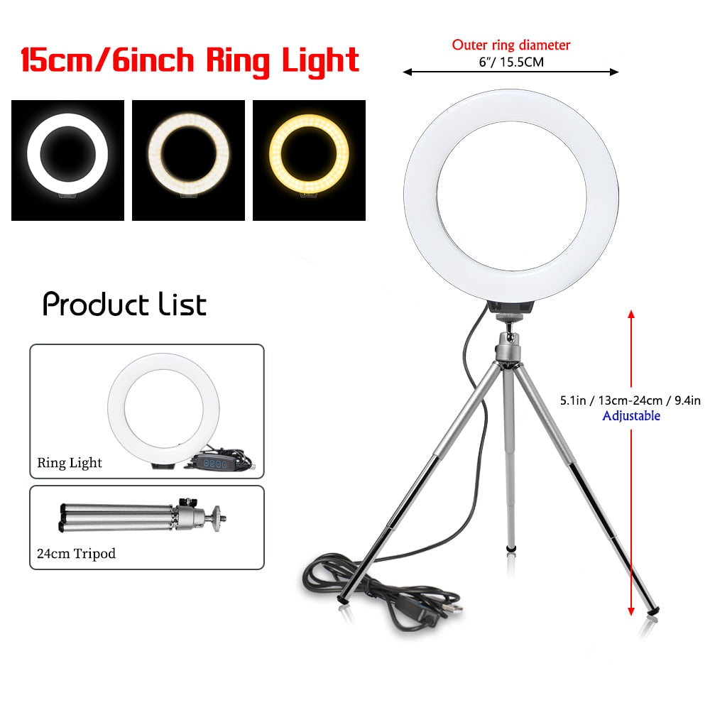 SH 16cm 6 inch Circle Round Light With Tripod Stand Usb Charge Selfie Led Lamp Dimmable Photography Light For Photo Photography Studio