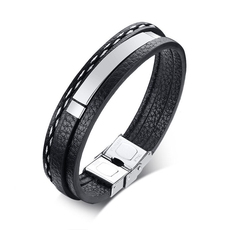 Vnox Personalize Engrave Name Men Multi-Layer Black Leather Wrap Bracelets Custom BFF Family Love Gifts Jewelry