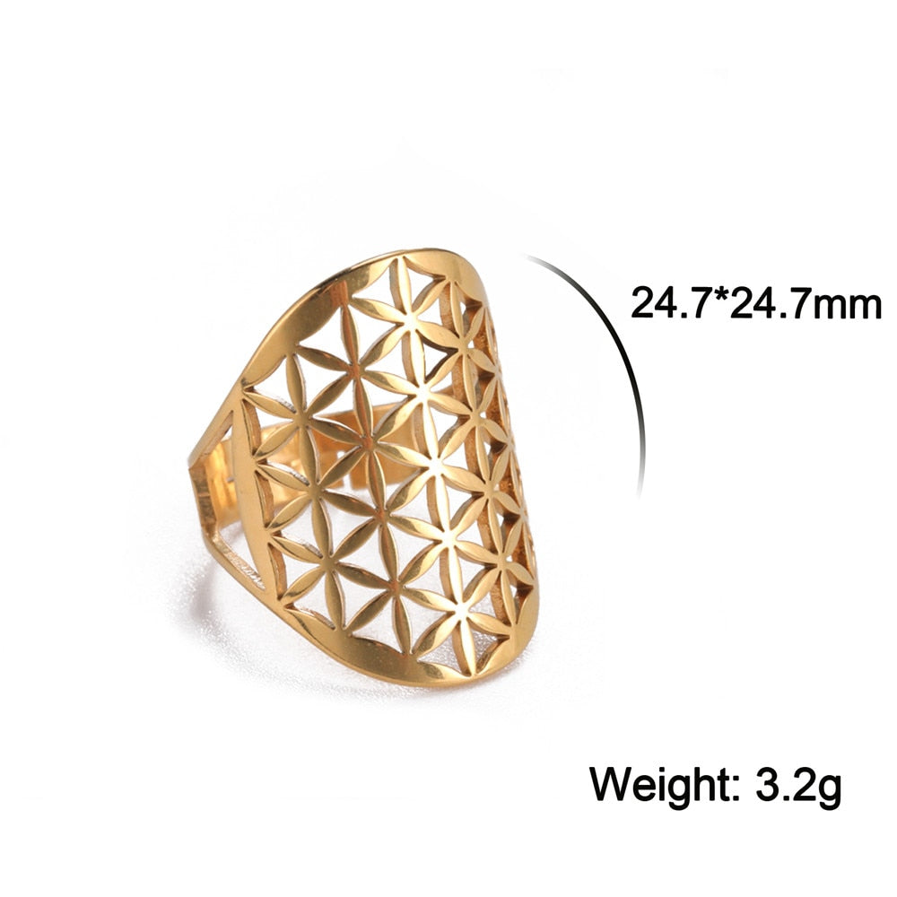 Skyrim Viking Flower of Life Ring Vintage Adjustable Stainless Steel Sacred Geometry Rings for Women Amulet Jewelry Wholesale