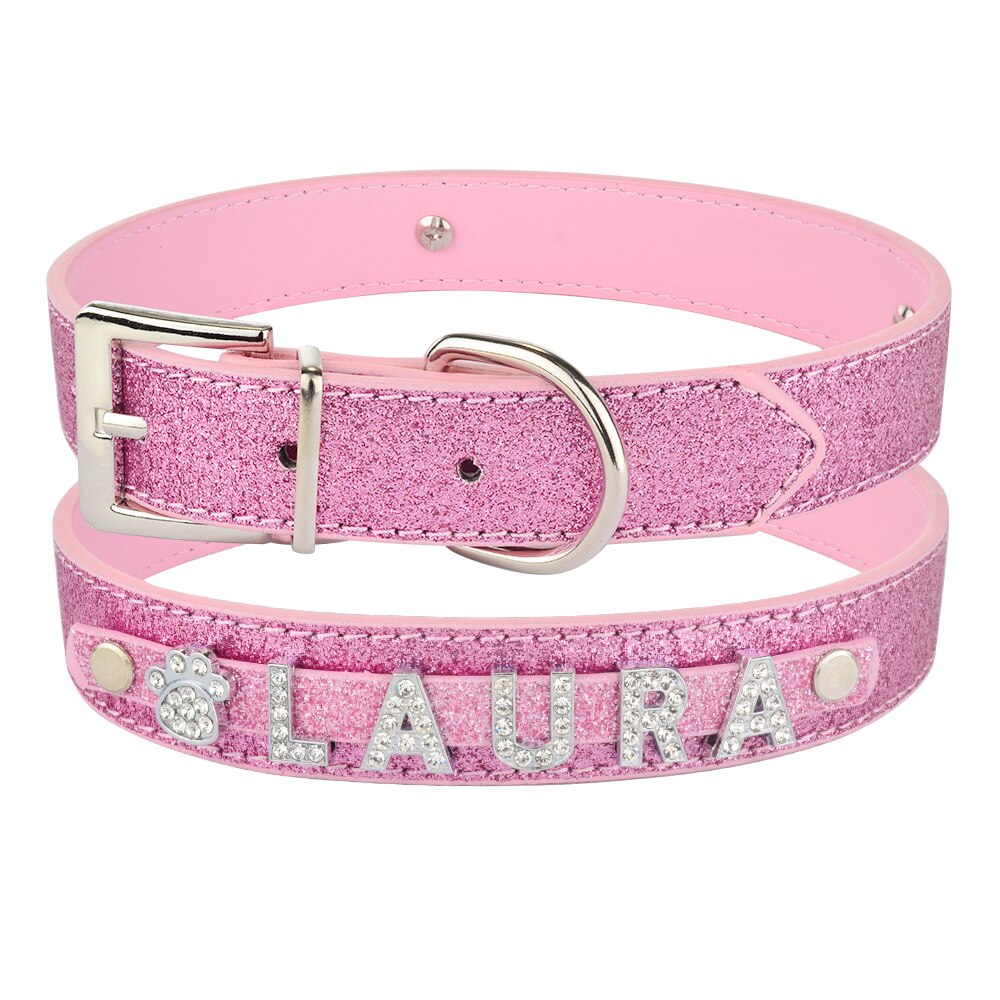 Personalized Dog Cat Collar Rhinestone Bling PU Leather Chihuahua Collar Custom Necklace Free Name Charms Pet Accessories