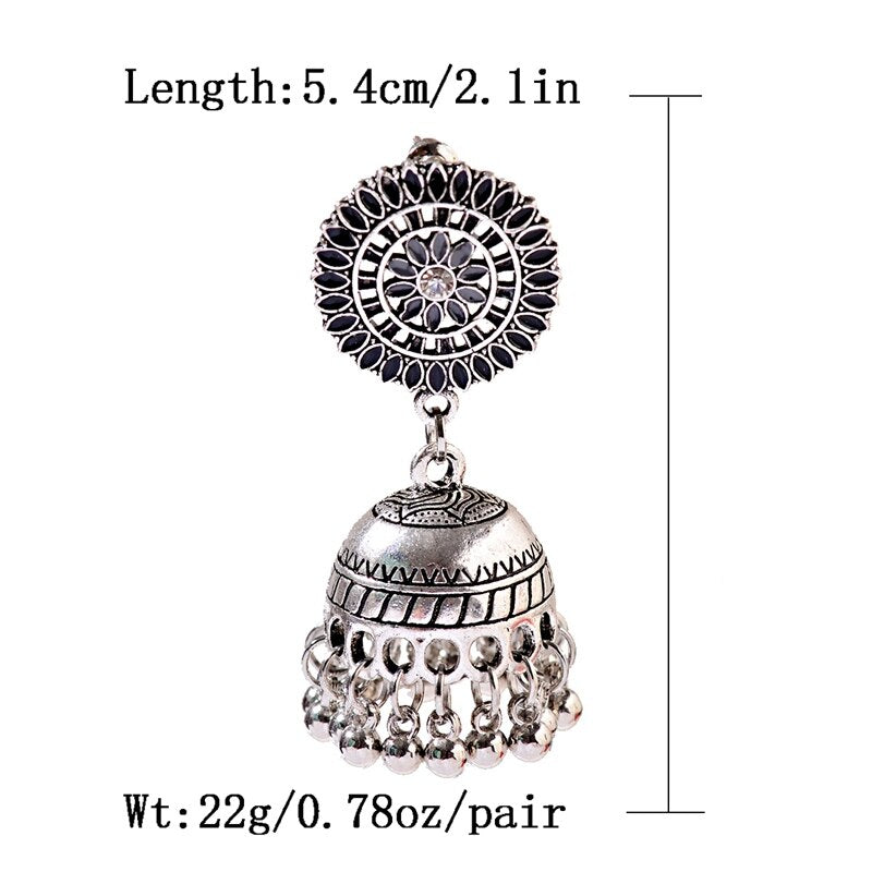 Ethnic Hollow Flower Turkish Jhumka Earrings For Women Vintage Indian Jewelry Silver Color Bell Tassel Dangling Earrings