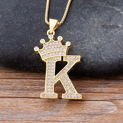 Nidin New Luxury Copper Zircon A-Z Crown Alphabet Pendant Chain Necklace Hip-Hop Style Fashion Woman Man Initial Name Jewelry