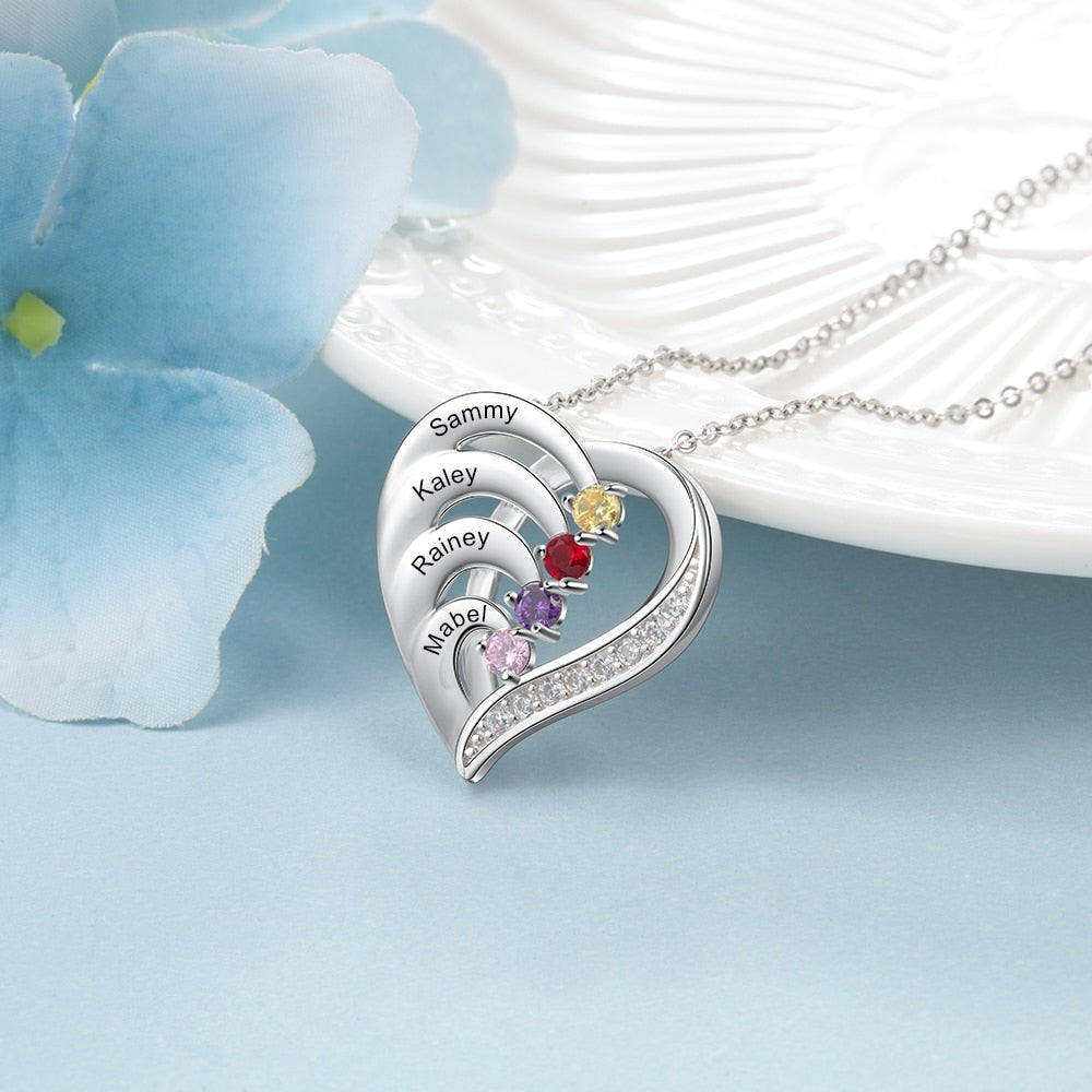925 Sterling Silver Personalized Family Name Heart Necklaces for Women Customized Birthstone Engraving Mothers Necklace