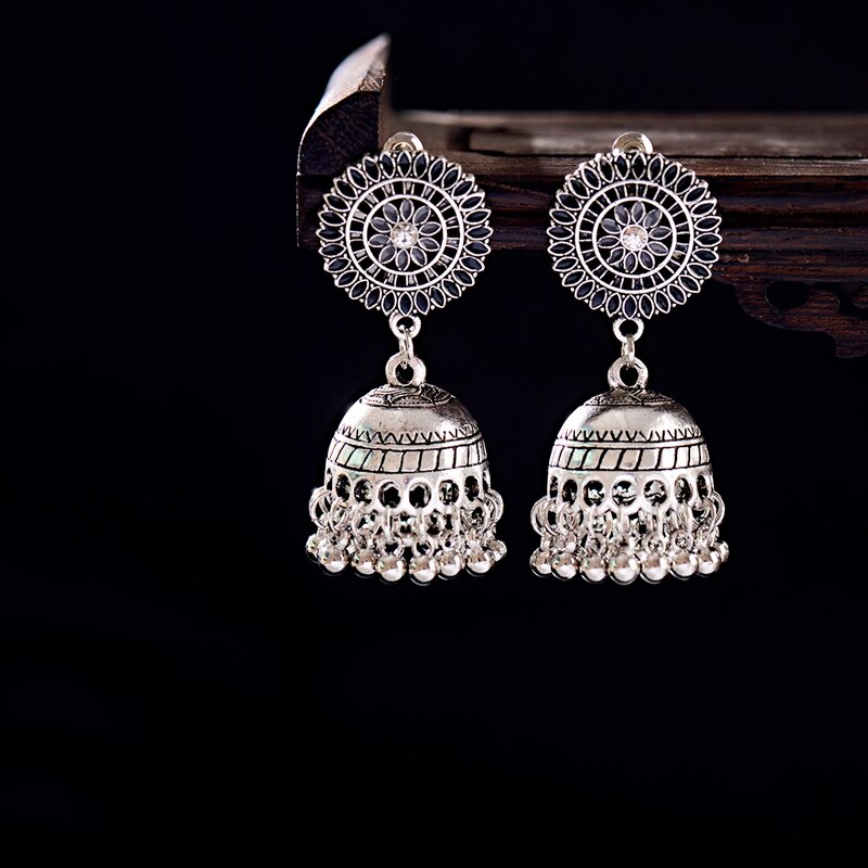 Ethnic Hollow Flower Turkish Jhumka Earrings For Women Vintage Indian Jewelry Silver Color Bell Tassel Dangling Earrings