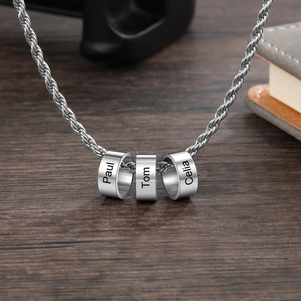 Men's Necklace Customized Stainless Steel Beads Charm Necklace Pendants Father's Day/Men Gift with Names Engraving.