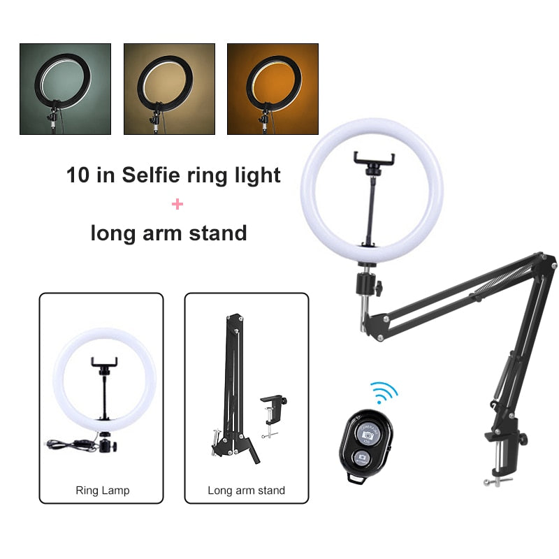 PYNSSEU 26cm LED Circle Round Light with 1.1/1.6/2.0M RGB lamp Stand Dimmable 10" Selfie Circle Round Lamp with Phone Clip for Youtube Makeup