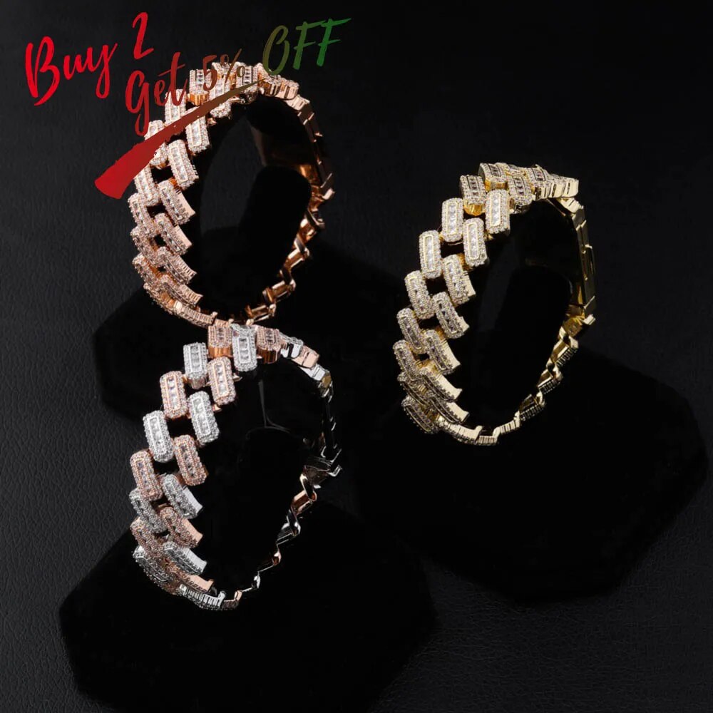 TOPGRILLZ 20mm Box buckle Clasp Baguette Zircon Prong Setting Cuban Bracelet Iced Out Cubic Zirconia Chain Hip Hop Rock Jewelry