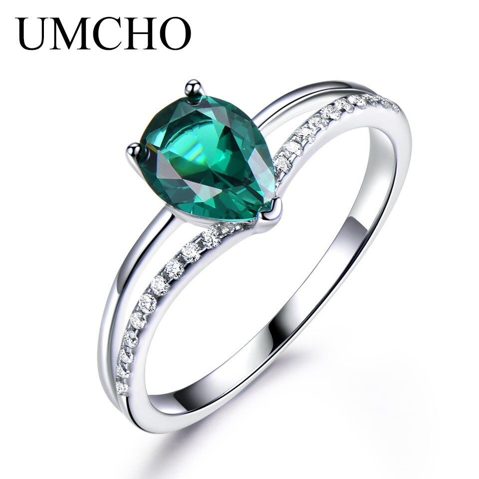 UMCHO Green Emerald Gemstone Rings for Women 925 Sterling Silver Jewelry Romantic Classic Water Drop Ring Valentine&#39;s Day Gift