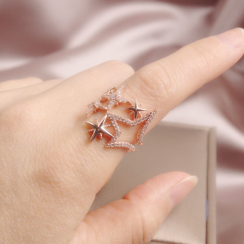 Korean new design fashion jewelry copper inlaid zircon light luxury opening hollow five-pointed star female party star prom ring