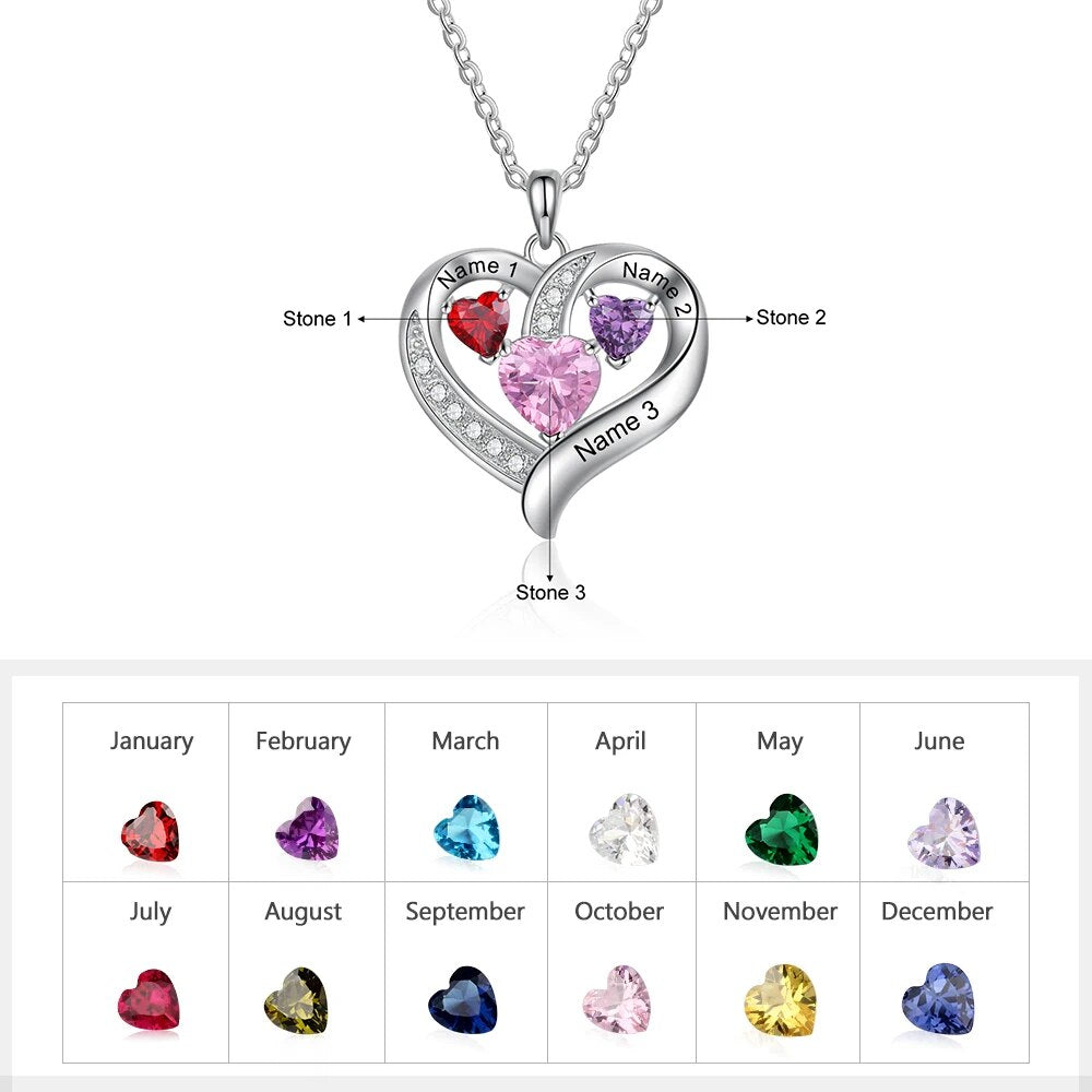 JewelOra Romantic Personalized Name Engraved Heart Necklaces for Women Customized 3 Birthstone Necklace Valentines Gift for Her