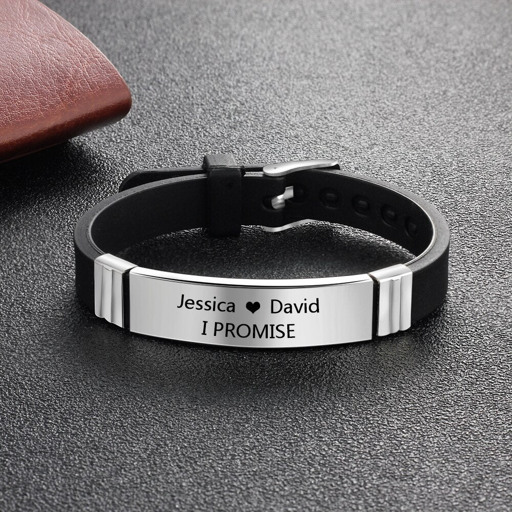 Personalized Engrave Name ID Bracelet for Men Adjustable 5 Colors Rubber Bracelets for Women Custom Stainless Steel Jewelry Gift