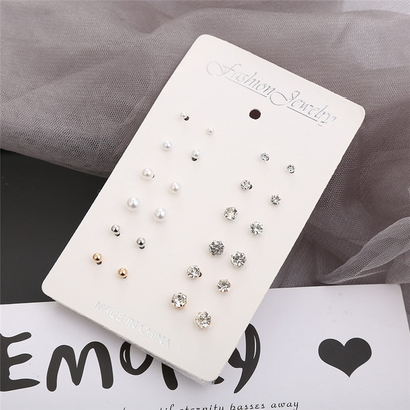 12 pairs/set Crystal Simulated Pearl Earrings Set Women Jewelry Accessories Piercing Ball Stud Earring kit Bijouteria brincos