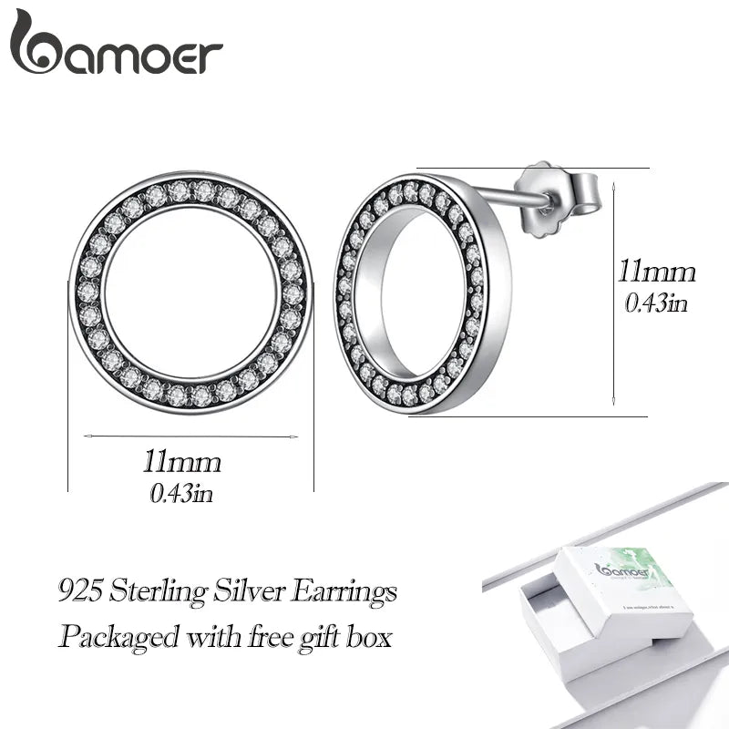 BAMOER Forever Clear CZ 925 Sterling Silver Circle Round Stud Earrings with CZ Jewelry GIFT Oorbellen Bijoux PAS437