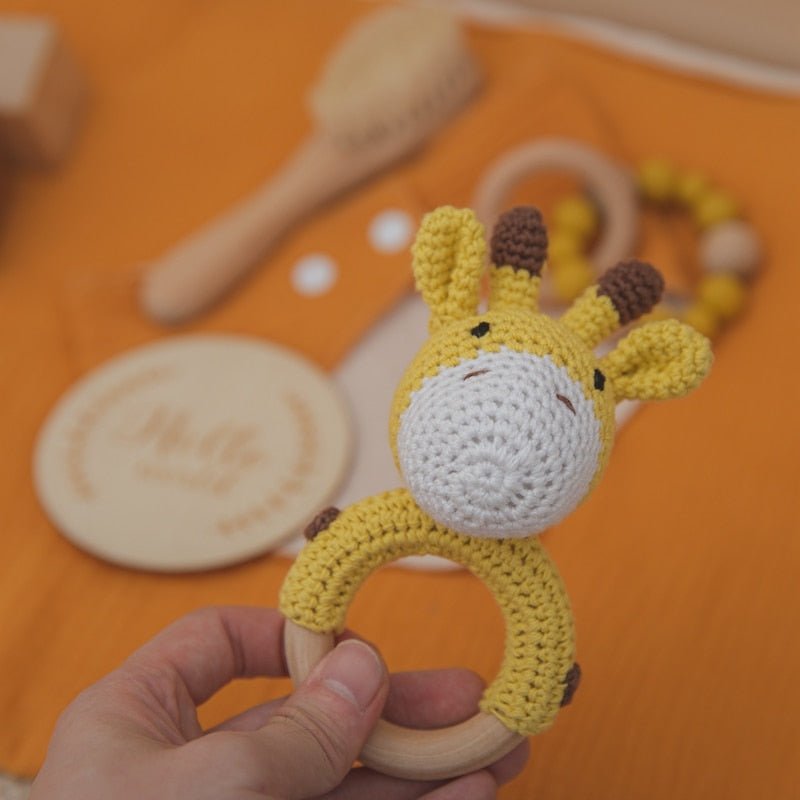 One Set Baby Bath Toy Set Baby Bath Towel Wooden Rattle Bracelet Crochet Rattles Toys Infant Bath Products Newborn Bed Bell