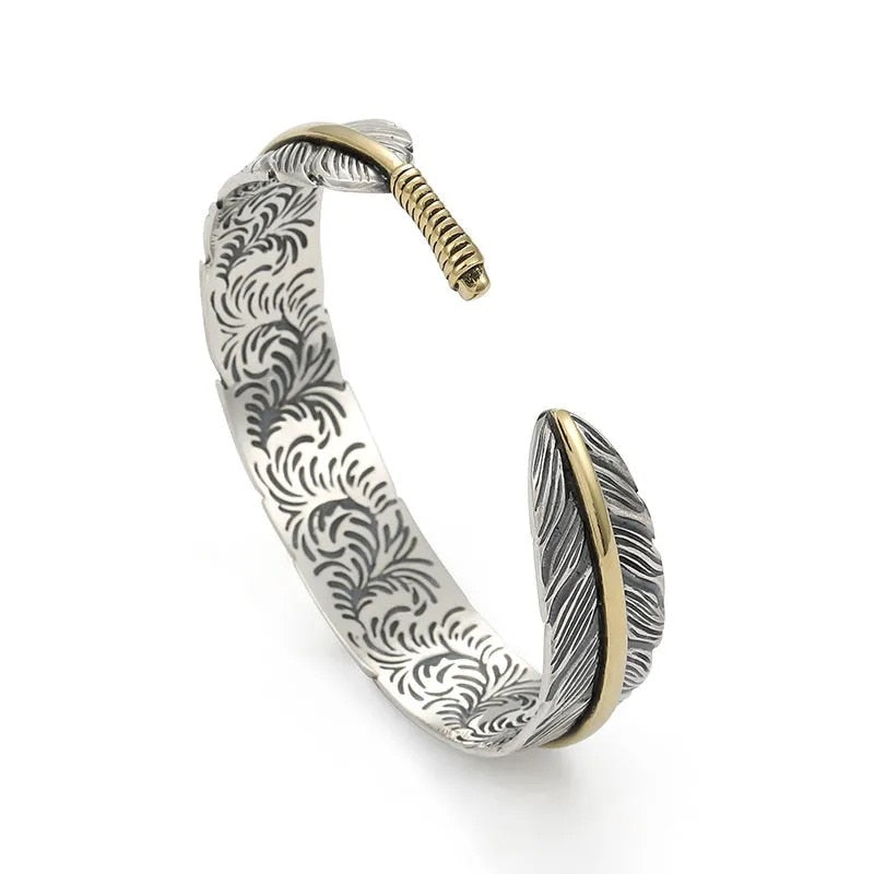 Silver Color Feather Cuff Bracelet for Men Women Vintage Adjustable Bracelet Bangle Fashion Jewelry