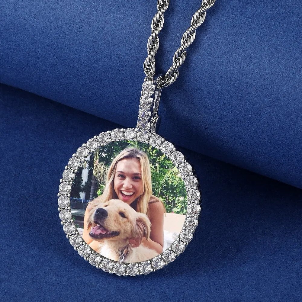 Custom Photo Roundness Solid Back Pendant & Necklace With 4mm Tennis Chain Cubic Zircon Unisex Hip hop Jewelry - Buy Online