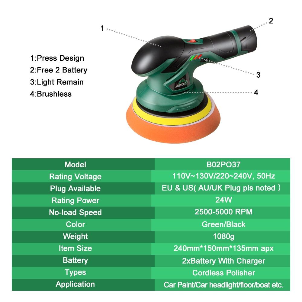 BATOCA Cordless Car Polisher 12V Wireless DA Car Polishing Machine Brushless Dual Action Buffer Free 2pcs 2.0Ah Lithium Battery