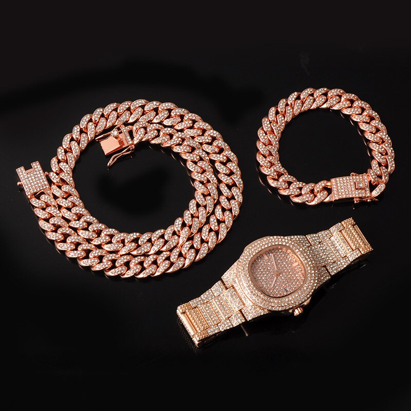 Hip Hop 15MM Necklace +Watch+Bracelet Bling Iced Out Miami Zircon Cuban Pave Rhinestone Men Bracelet Necklace For Men Jewelry