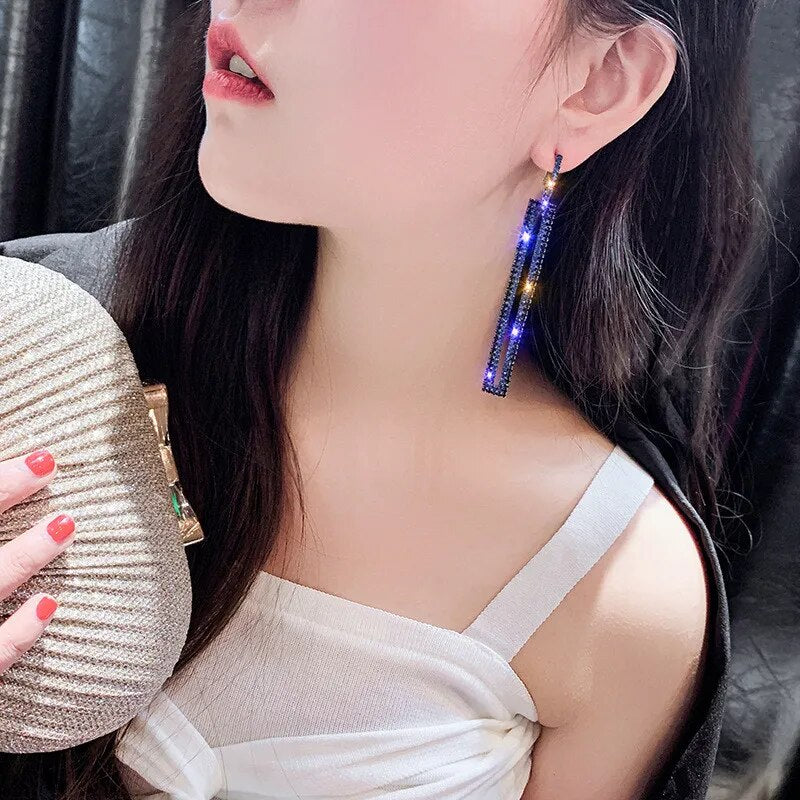 FYUAN Fashion Long Geometric Drop Earrings Luxury Gold Silver Color Rectangle Rhinestone Earring for Women Party Jewelry Gift