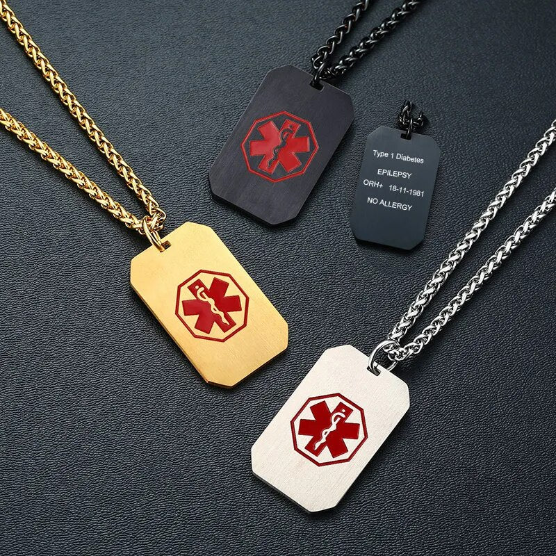 Medical Alert Necklace Stainless Steel Custom Engraved Medic ID Military Dog Tag Diabete Pendant Emergency Men Jewelry