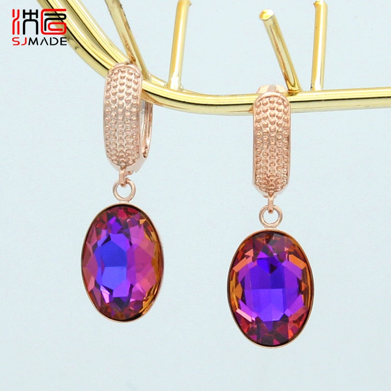 SHENJIANG New Fashion Egg Shape Oval Crystal Dangle Earrings Rose Gold For Women Wedding Elegant Jewelry